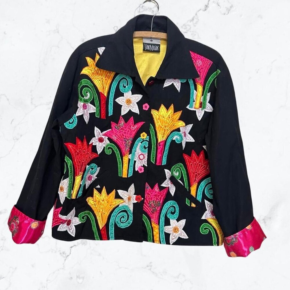 Vintage Y2K Wearable Art Floral Cotton Jacket by Yak Magik Size Large